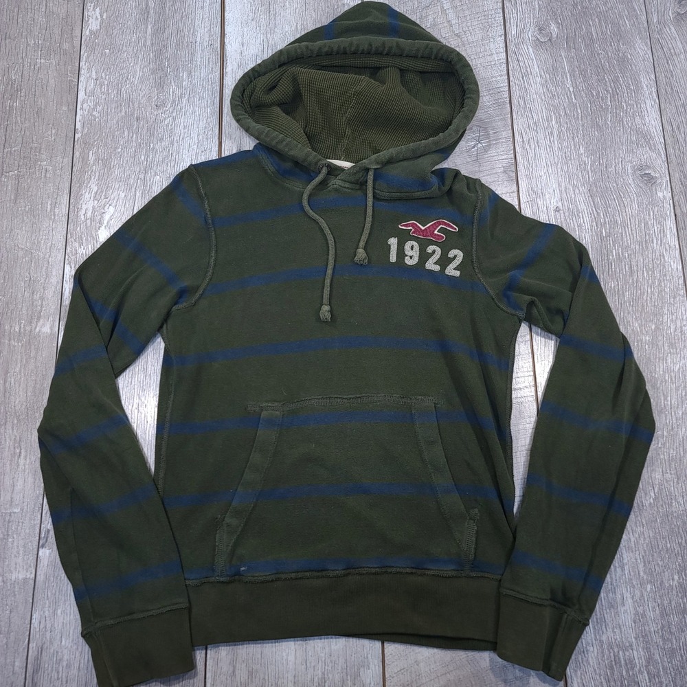 Hollister Thermal Hoodie Mens Small Green Blue Striped Logo Pullover Sweatshirt